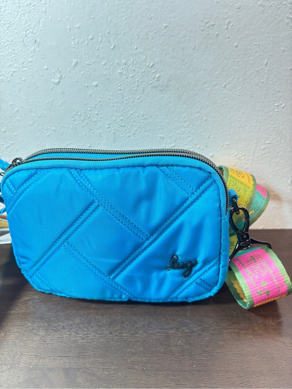 lug Quilted Teal Crossbody with Multicolor Woven Strap - Picture 3 of 8
